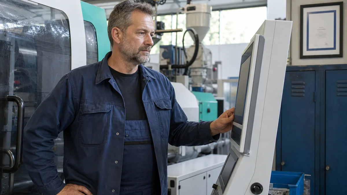 Verfahrensmechaniker mit Technikerabschluss vor Spritzgussmaschine ohne Aufstiegsperspektive