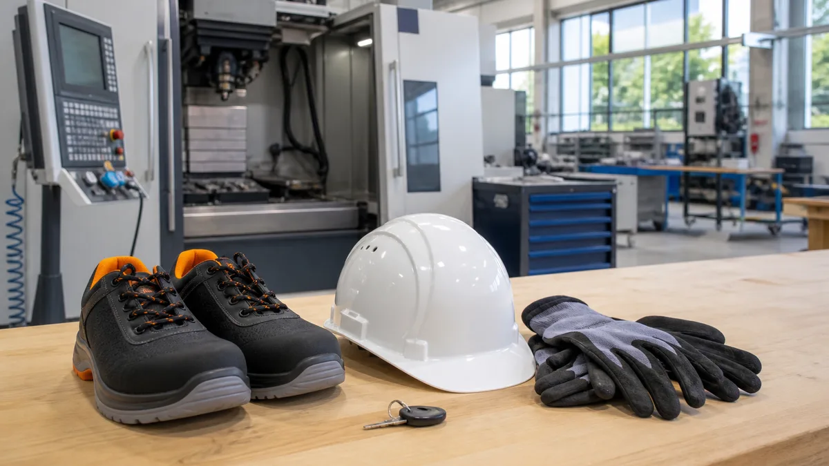 Neue Arbeitsausstattung mit Sicherheitsschuhen, Helm und Handschuhen auf einer Werkbank in der Halle