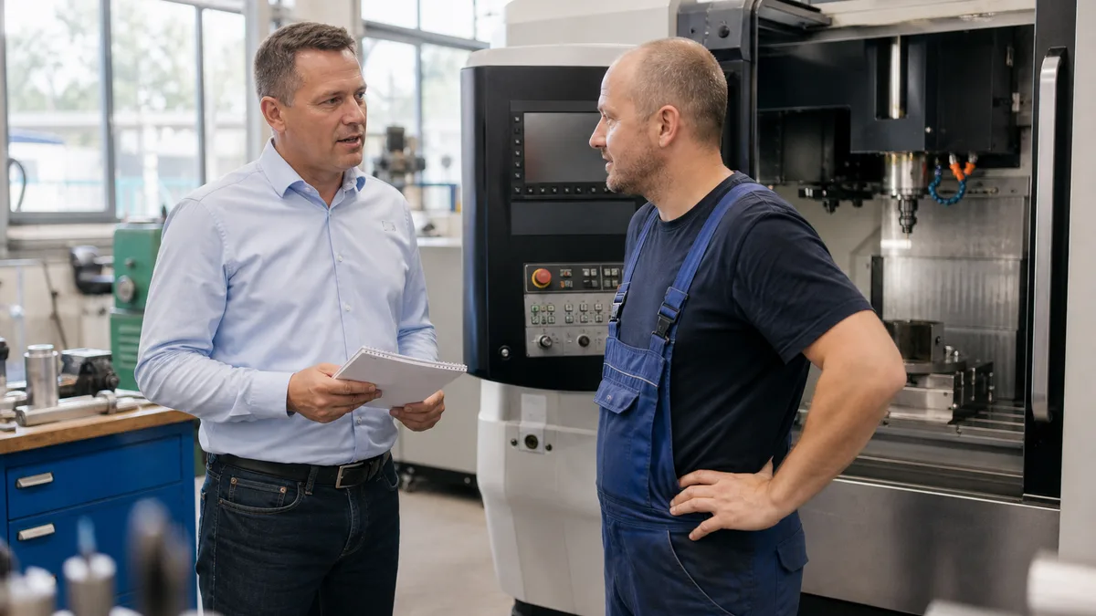 Werkleiter und Zerspaner im Gespräch an der CNC-Maschine während der Schichtübergabe