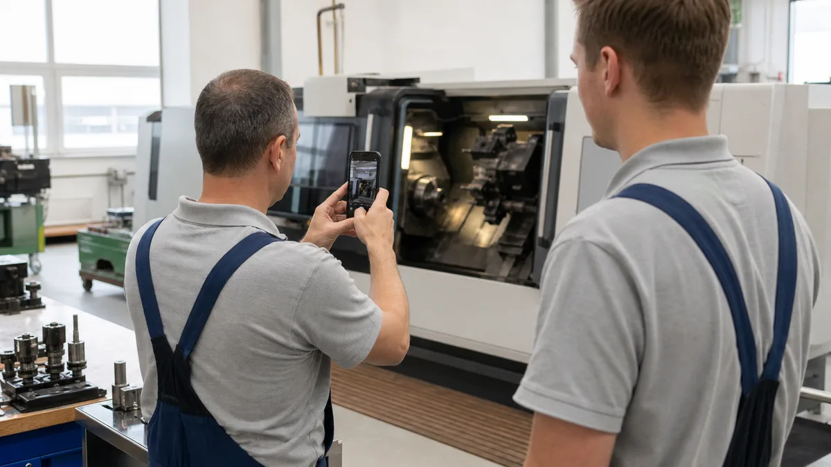Produktionsmitarbeiter filmt mit dem Smartphone eine laufende CNC-Maschine für einen kurzen Clip