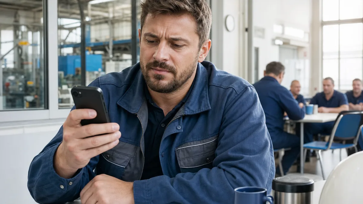 Industriemechaniker liest Stellenanzeige mit IT-Anforderungen skeptisch