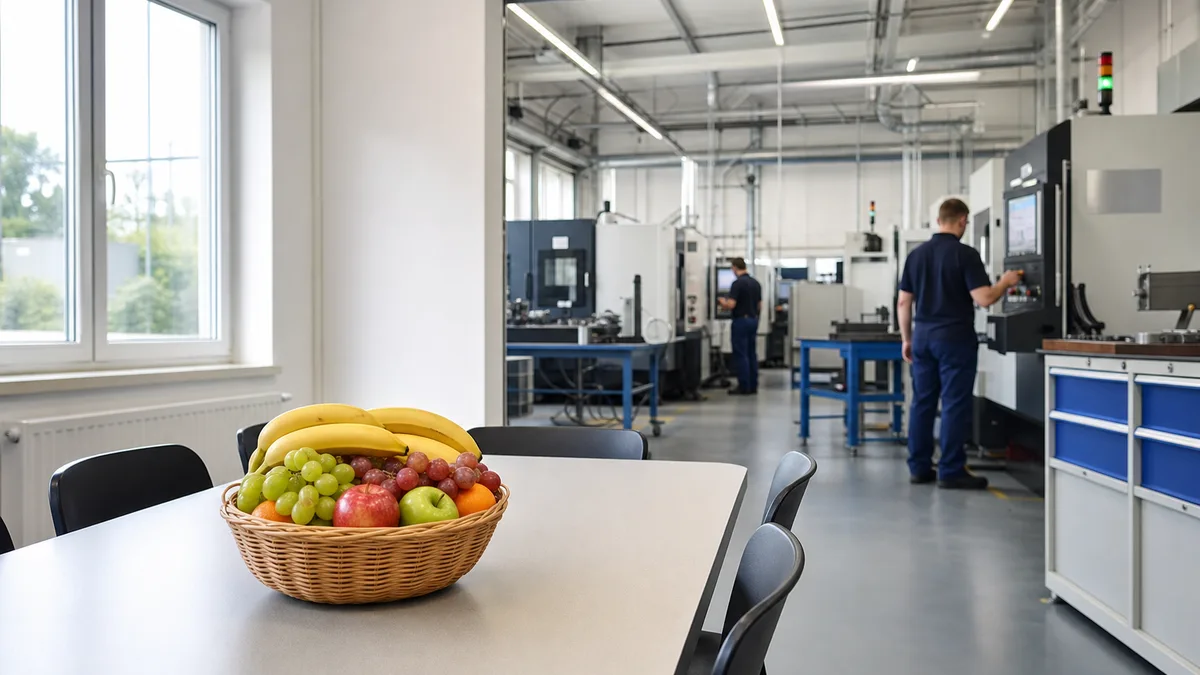 Obstkorb in der Pauseecke während Schicht an den CNC-Maschinen