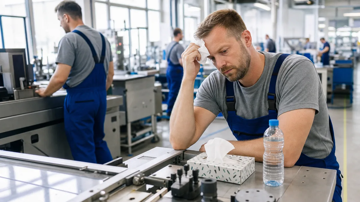 Produktionsmitarbeiter trotz Erkältung an der Maschine, Kollegen arbeiten weiter