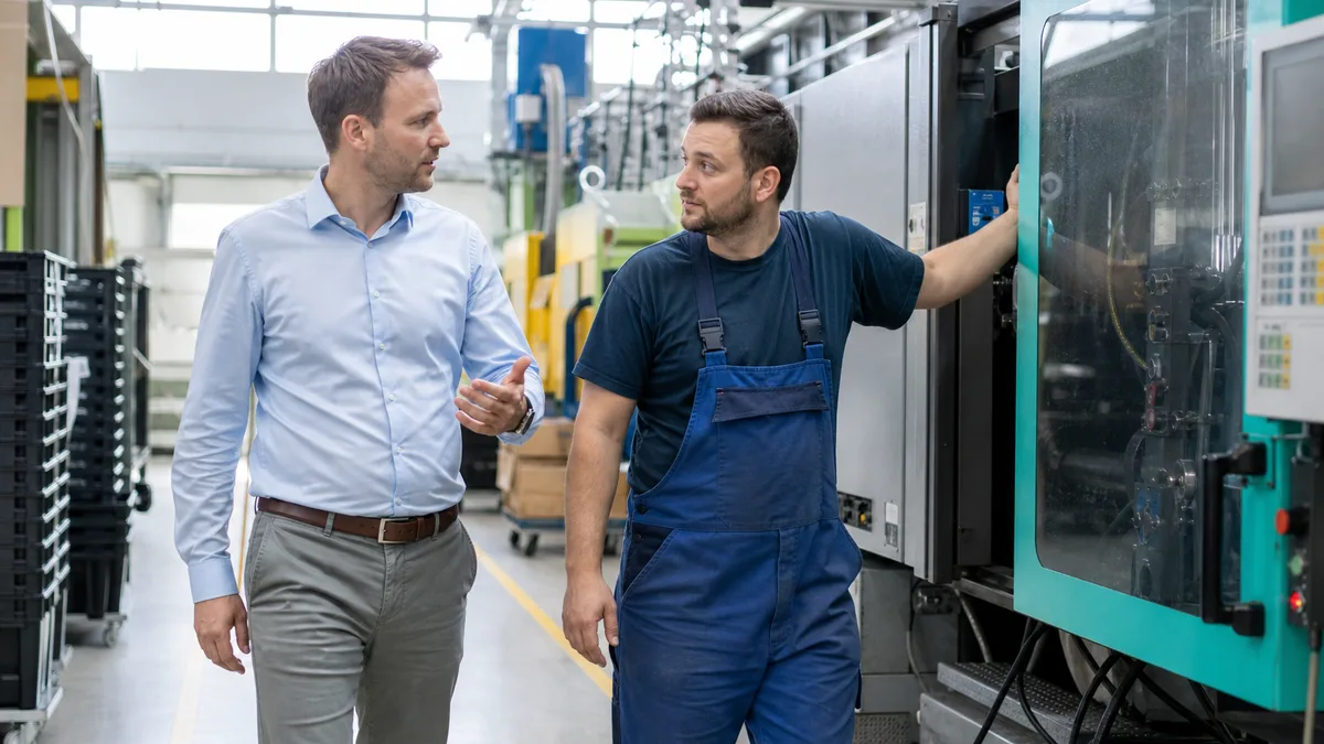 Produktionsleiter im Gespräch mit Maschinenbediener in der Kunststoffverarbeitung
