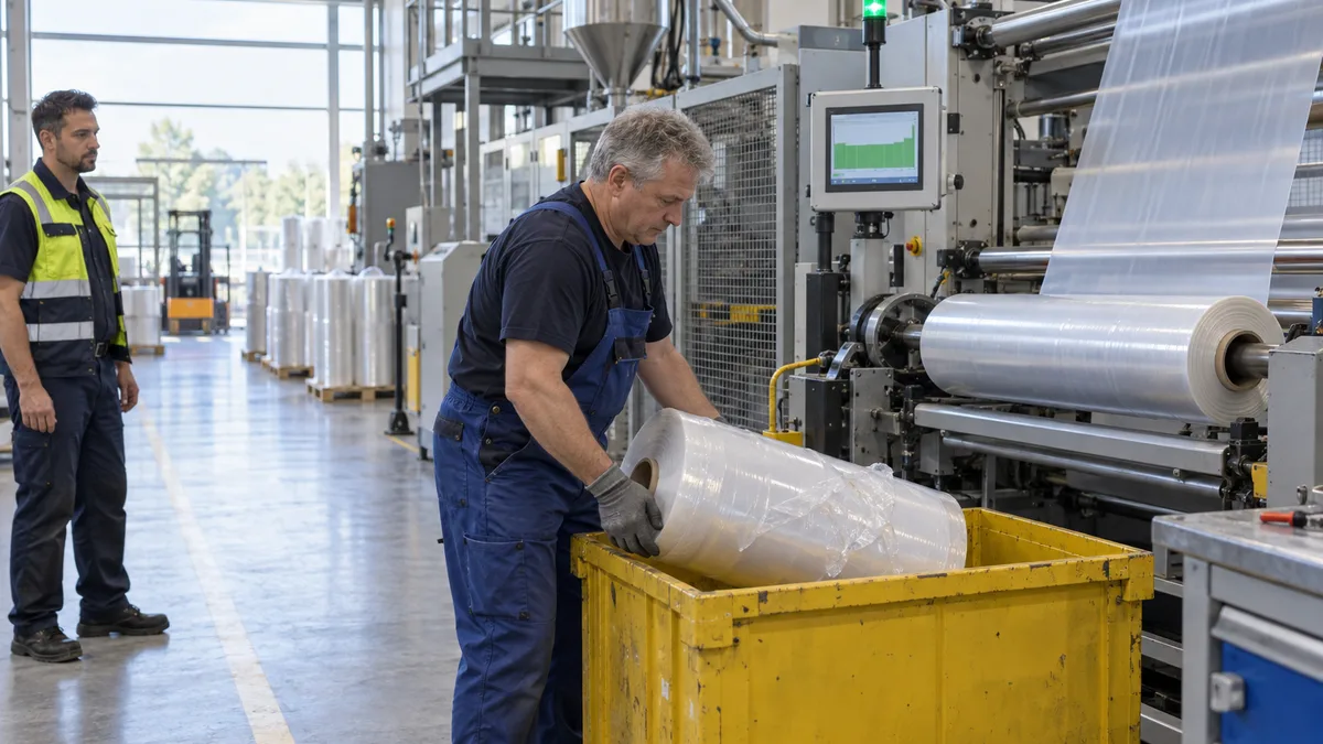 Einrichter legt eine schlechte Rolle in die gelbe Kiste neben dem Extruder