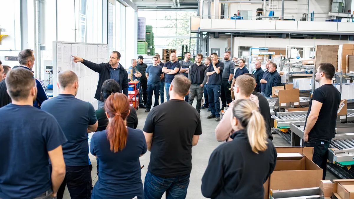 Überfüllte Frühschicht-Besprechung an der Packlinie mit unklaren Zuständigkeiten