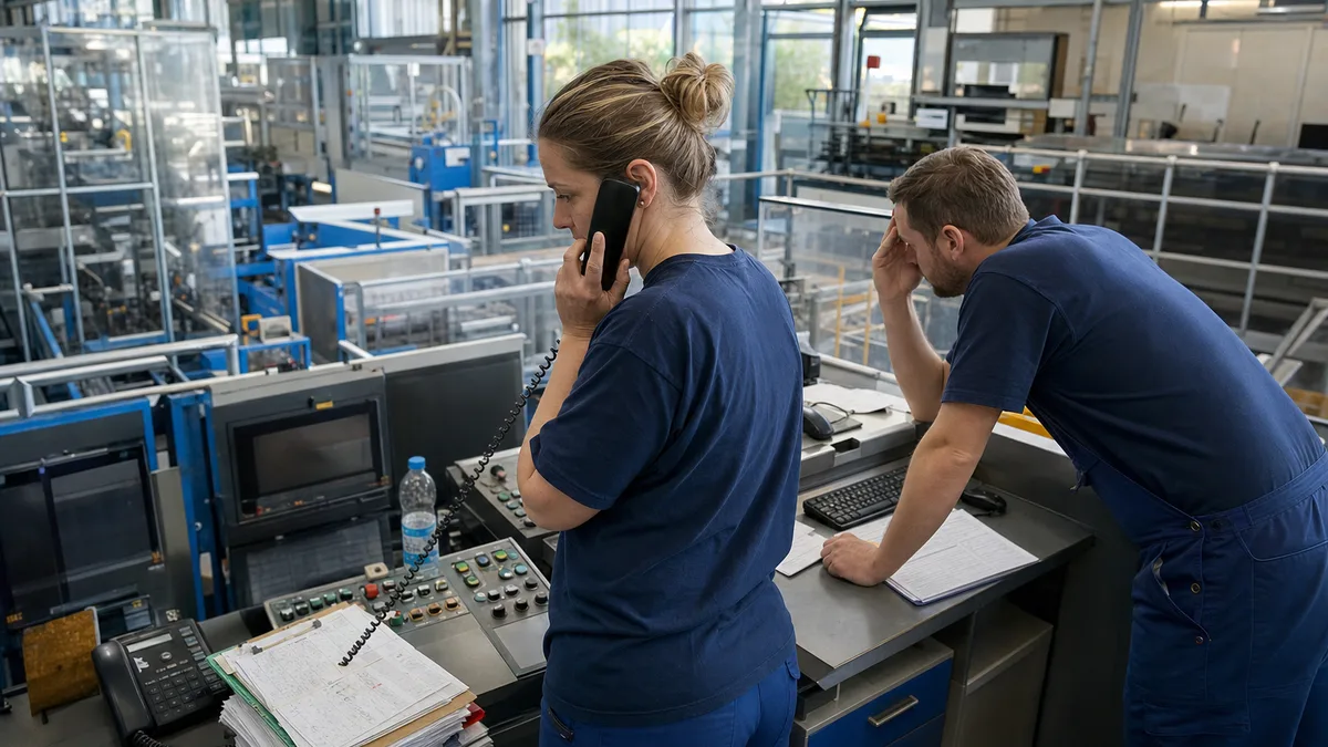 Zwei Produktionsmitarbeiter an einer Station übernehmen die Arbeit eines fehlenden Kollegen