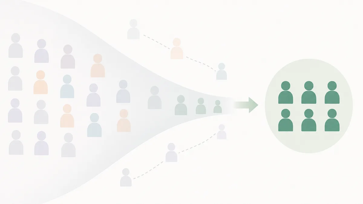Diagramm zum Survivor Bias: Nur Verbleibende sichtbar, Abgänge unsichtbar