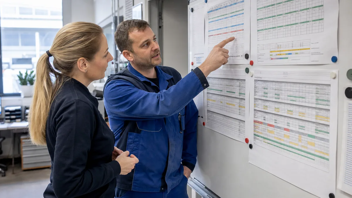 Werksplaner und Schichtleiter vor dem Schichtplan an der Wand