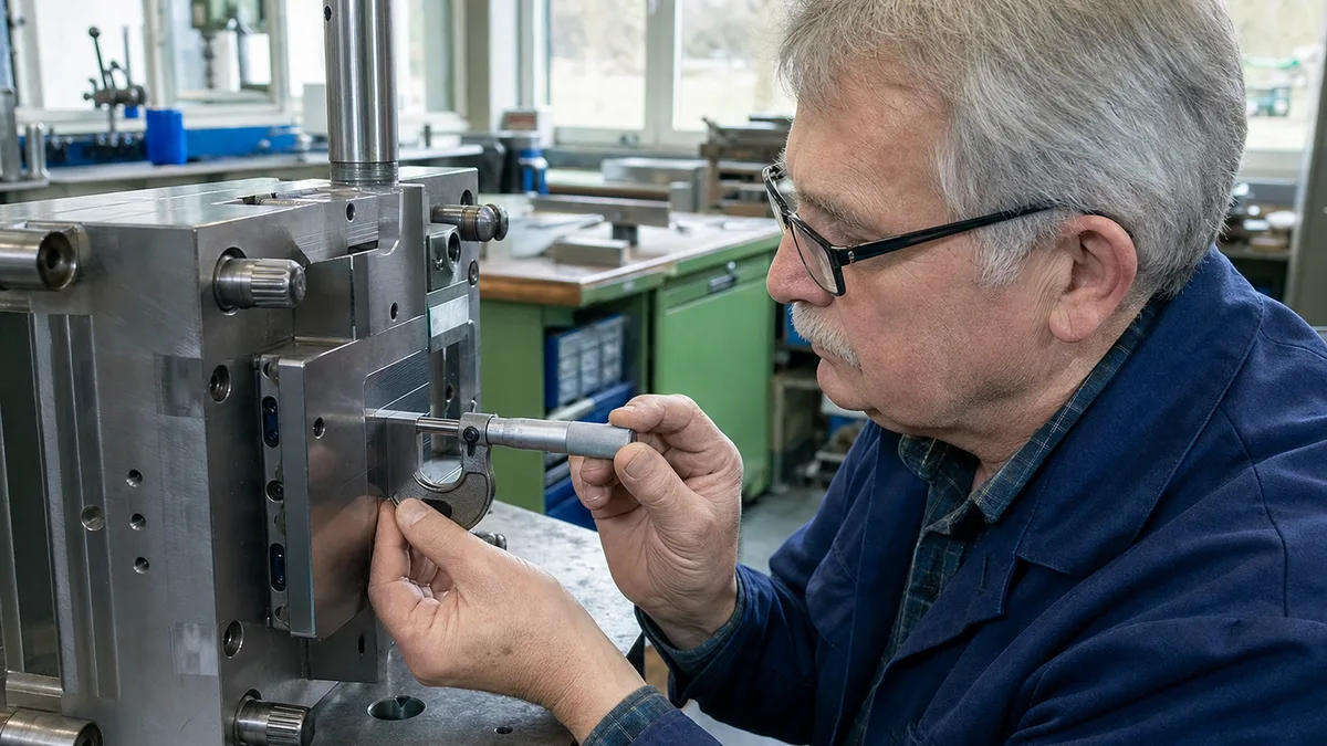 Erfahrener Werkzeugmacher allein an der Werkbank ohne Nachfolger im Werkzeugbau