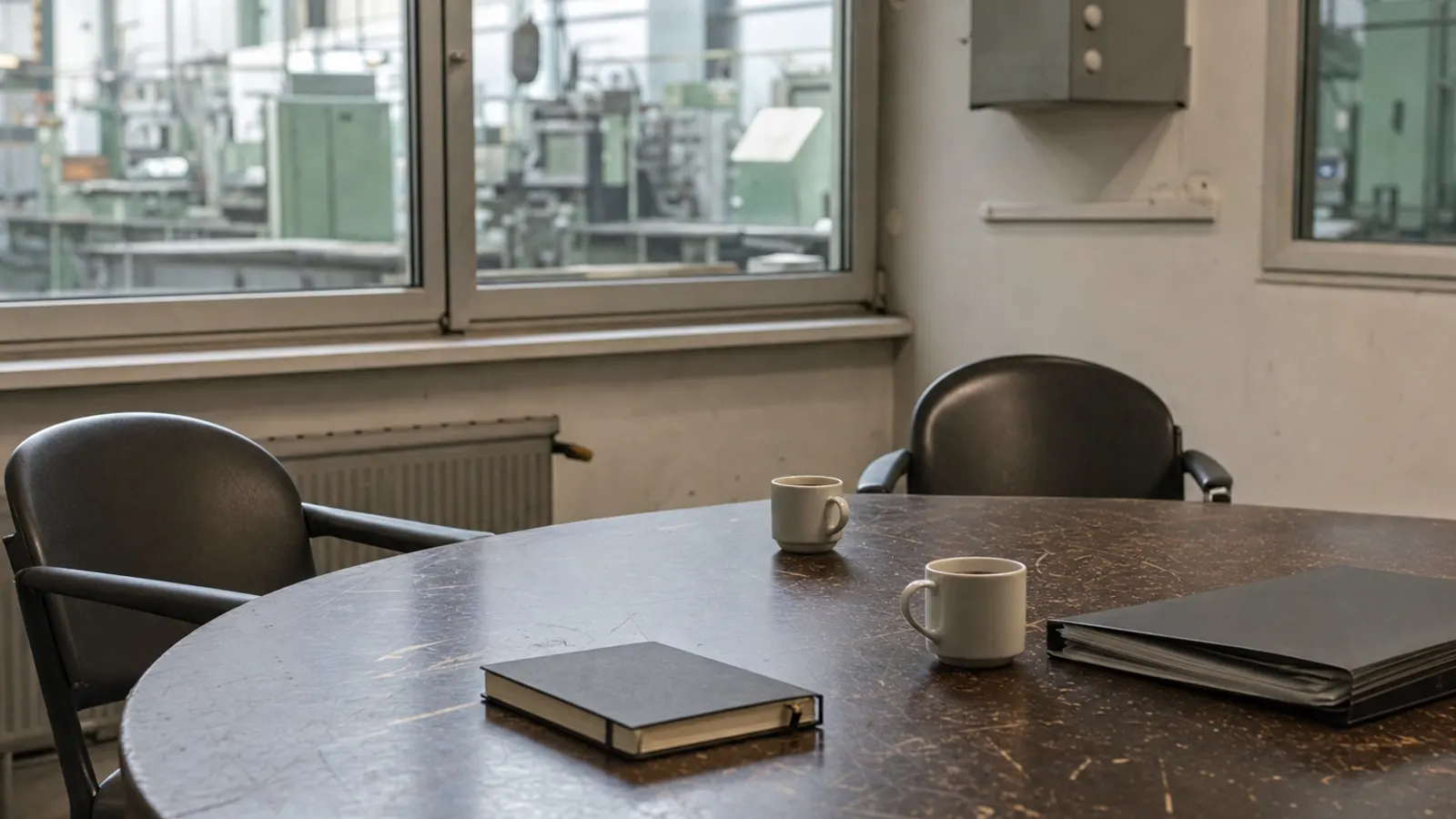 Geschlossene Personalakte und Kalender auf einem Besprechungstisch in einem Industrieunternehmen
