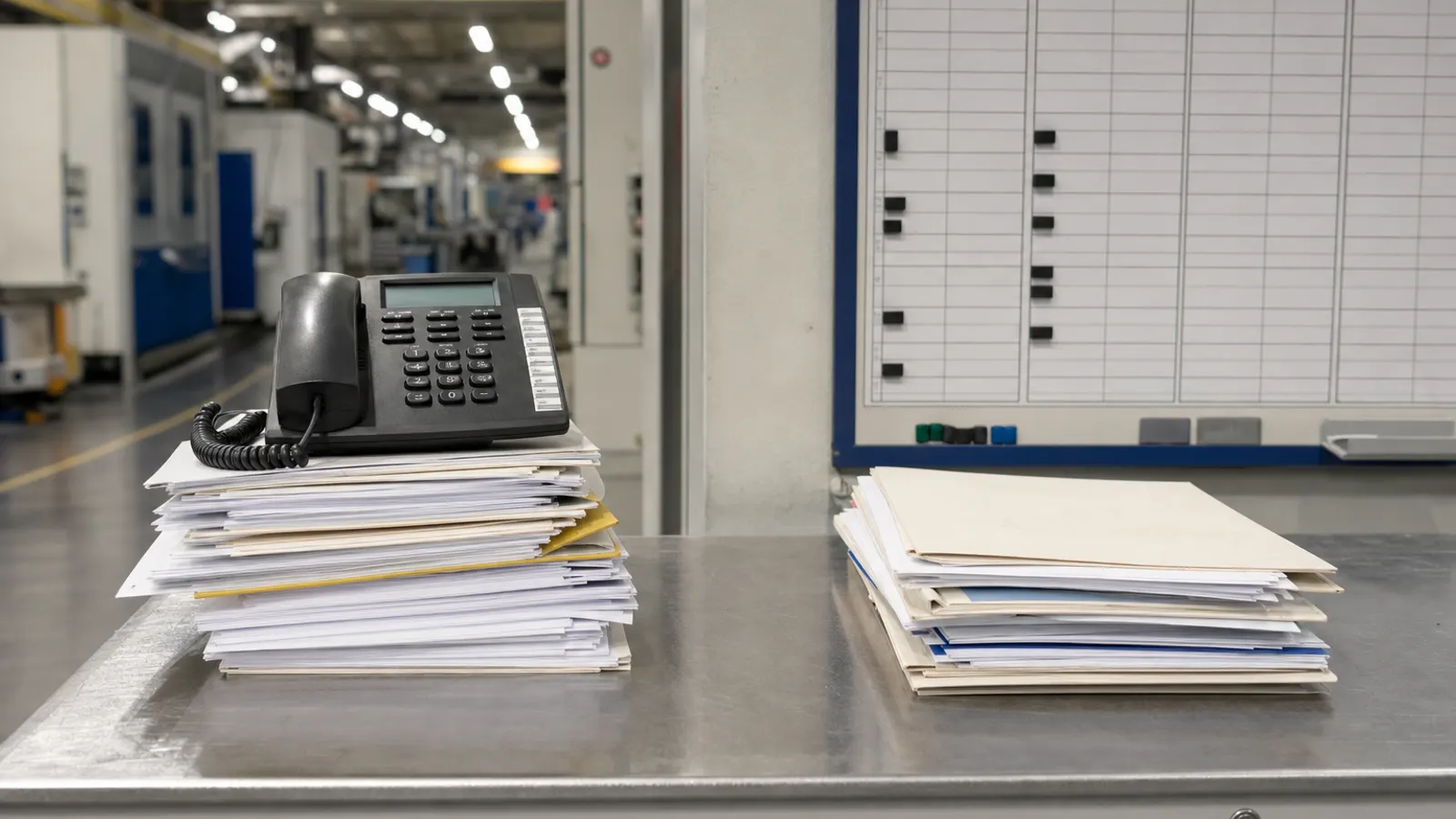 Zwei getrennte Kostenstapel auf einem Metalltisch am Rand einer Fertigung: Suchunterlagen und ein leeres Schichttableau