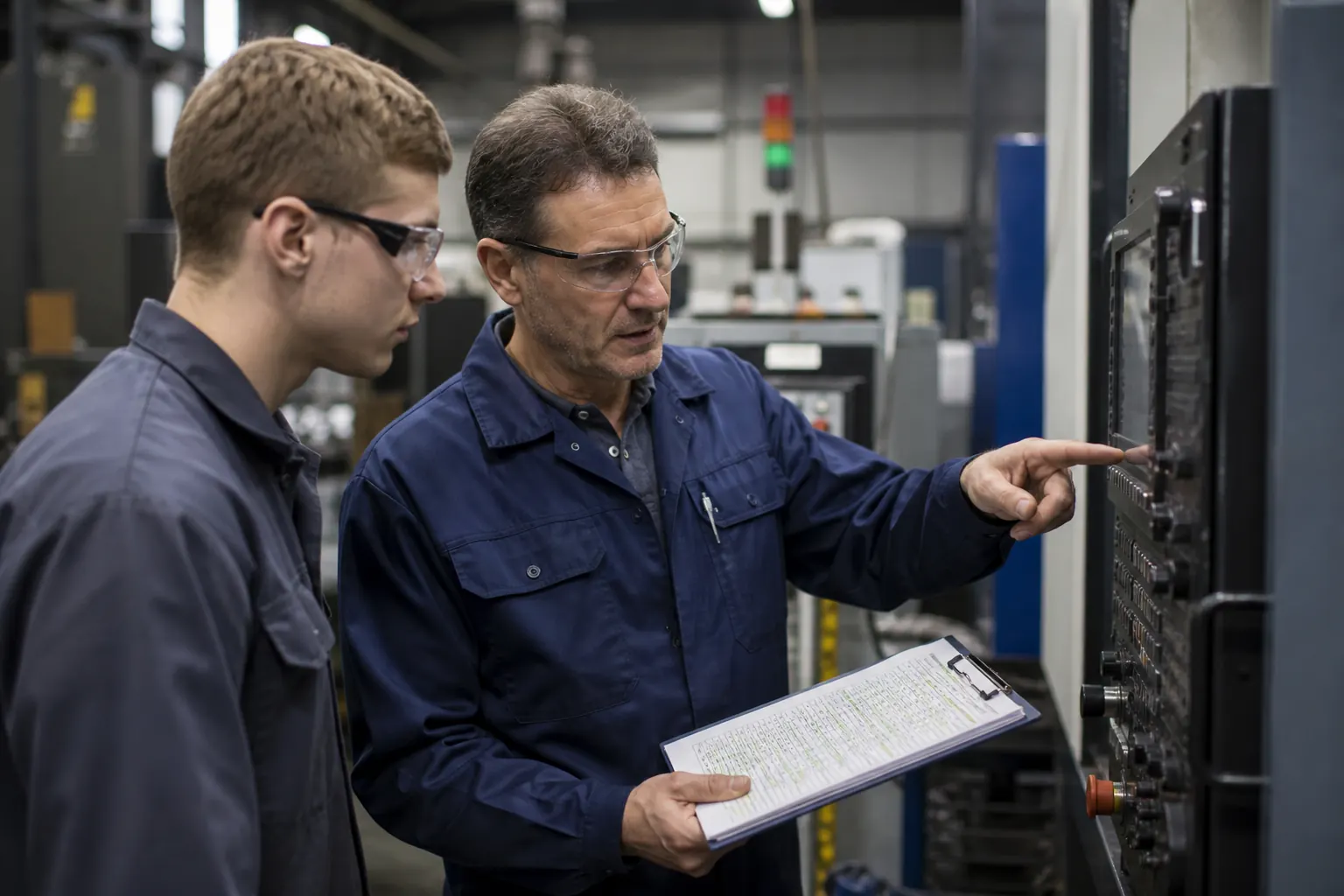 Erfahrener Mitarbeiter erklärt einem neuen Kollegen an der CNC-Maschine den Arbeitsablauf anhand einer Checkliste