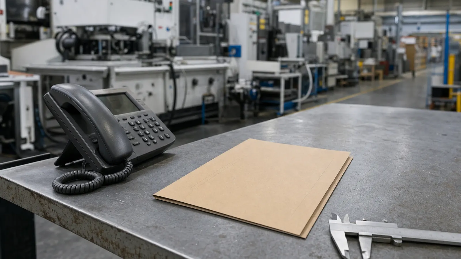 Telefon, leere Stellenmappe und Werkzeug auf einem Metalltisch vor einer Produktionslinie
