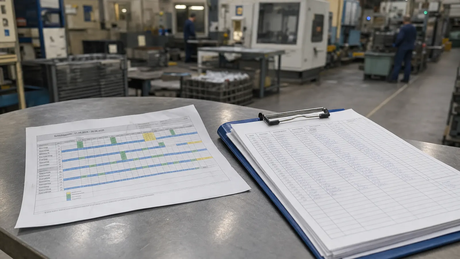 Schichtplan und Anwesenheitsliste auf einem Tisch in einer Produktionshalle