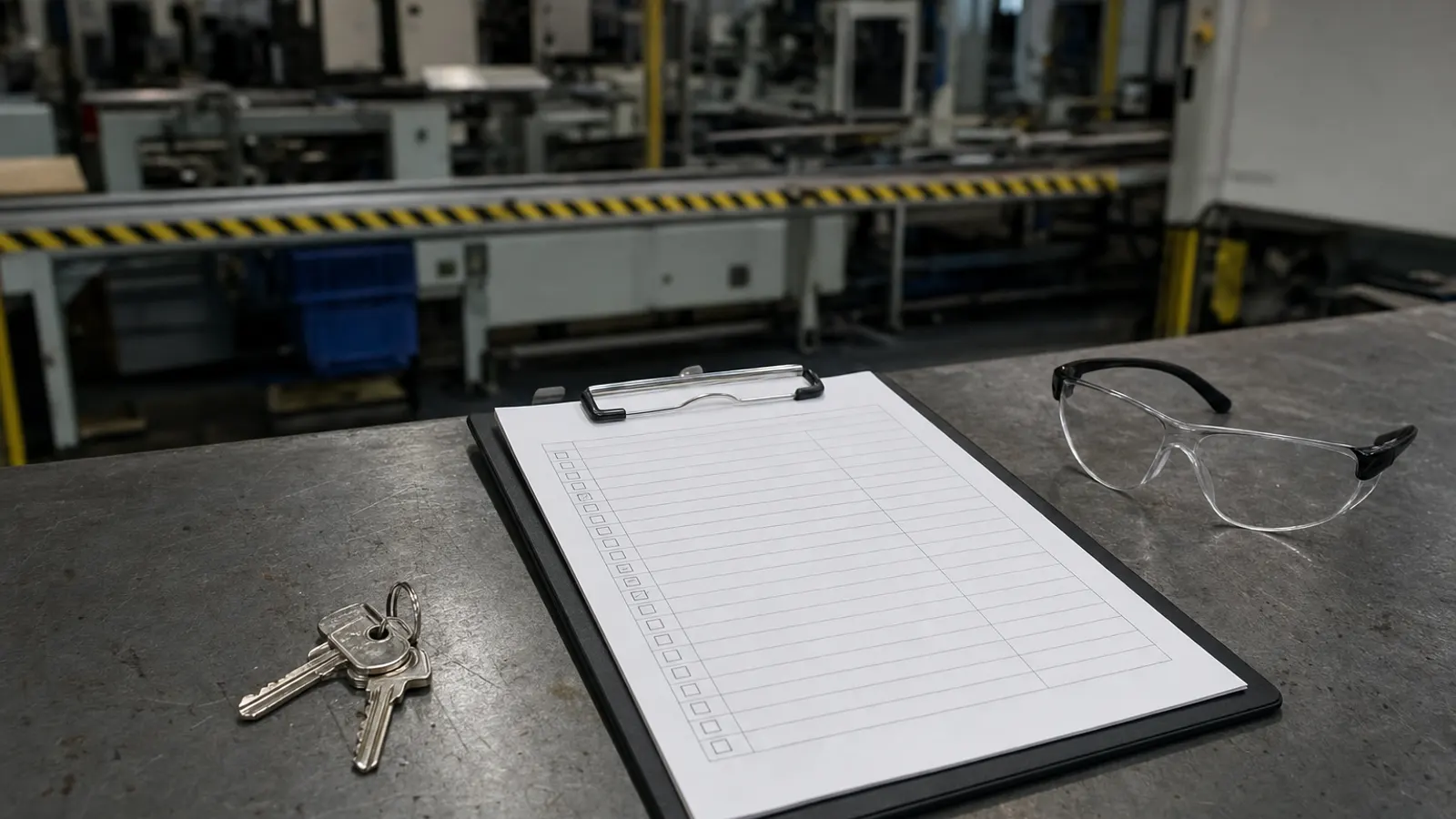 Übergabeordner, Schlüssel und PSA auf einem Metalltisch vor einer ruhenden Produktionslinie