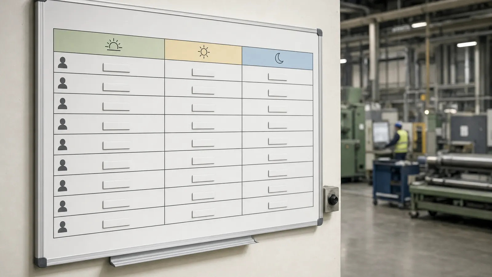 Schichtplanungstafel in einer Produktionshalle mit Spalten für Früh-, Spät- und Nachtschicht