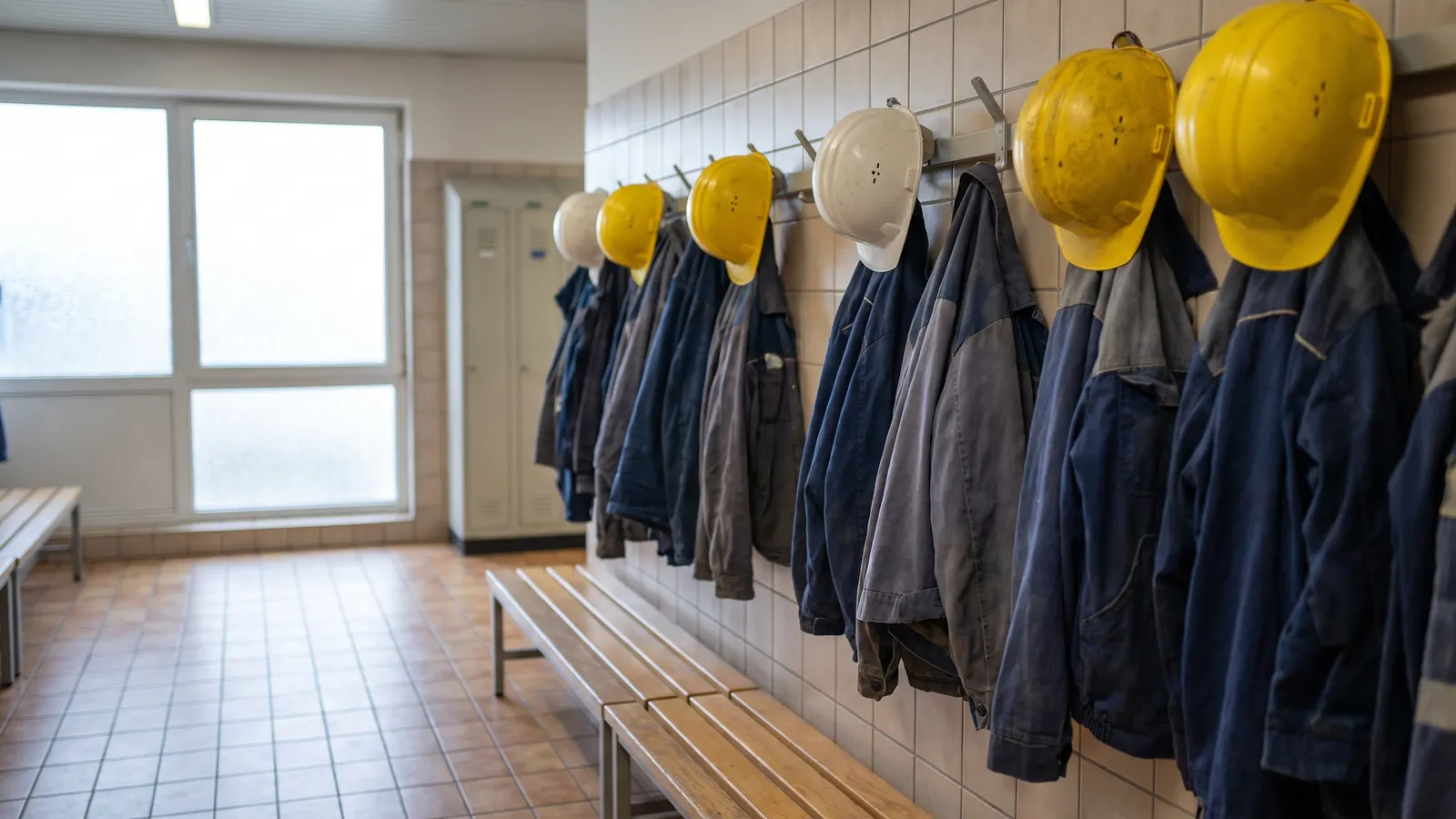 Garderobe im Umkleidebereich eines Industriebetriebs mit Arbeitsjacken und Schutzhelmen an Haken, die Beschäftigten im Schichtbetrieb