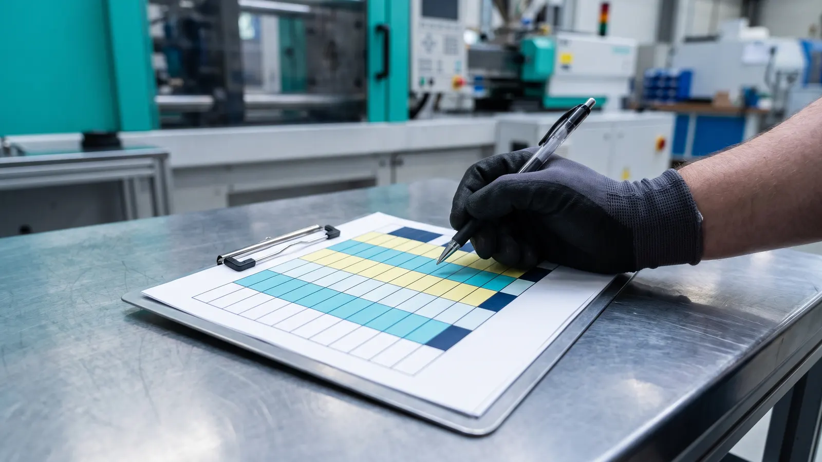 Ausgedruckte Qualifikationsmatrix auf einem Klemmbrett neben einer Spritzgießmaschine in einer Produktionshalle