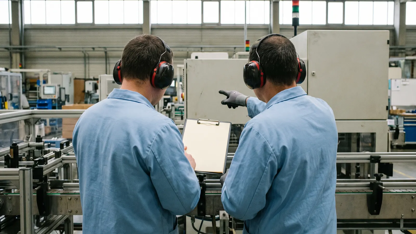 Zwei Personen in Schutzkleidung stehen von hinten an einer Produktionslinie und sehen gemeinsam auf ein Klemmbrett
